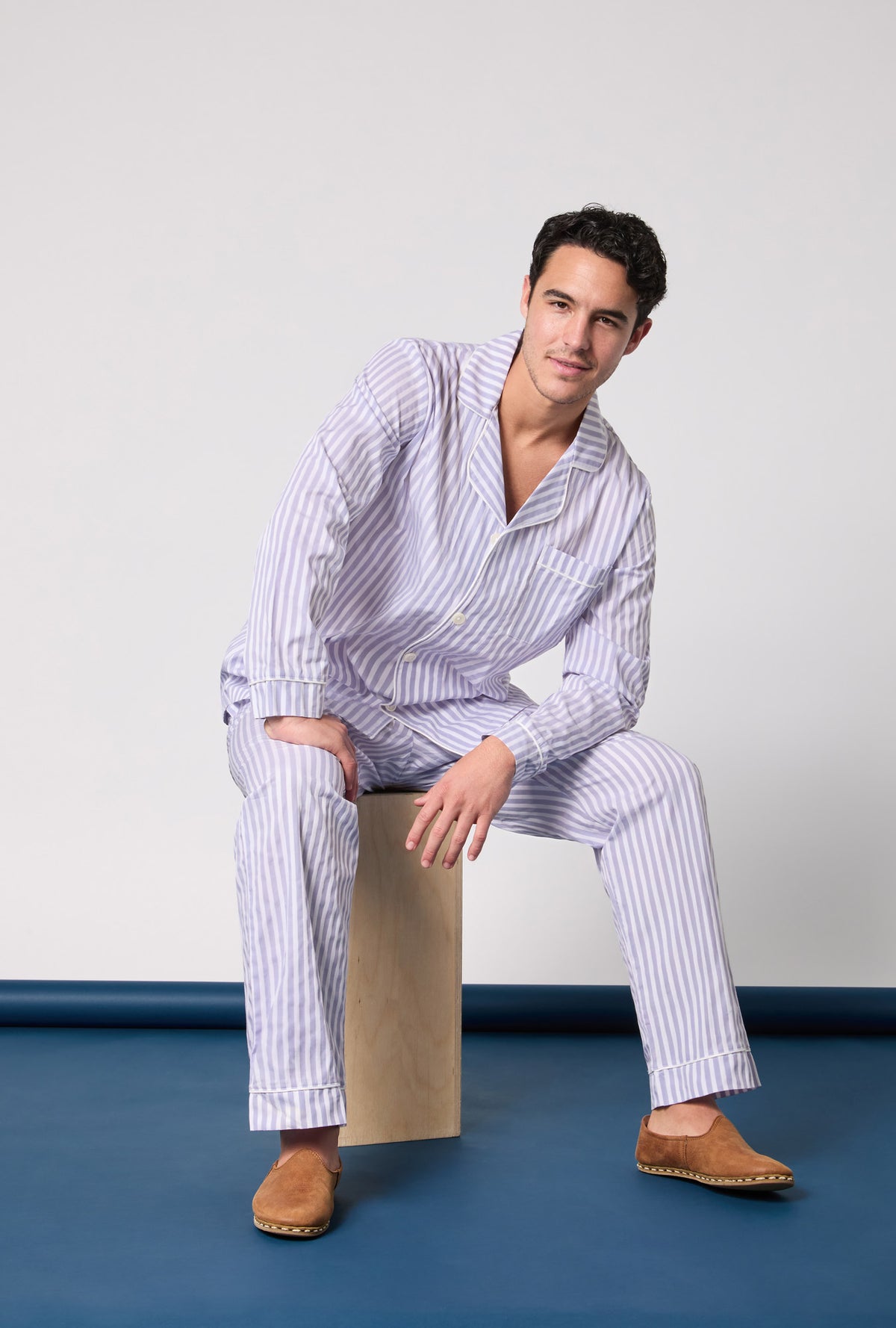 Blue 3D Stripe Men's Long Sleeve Classic Woven Cotton Sateen PJ Set
