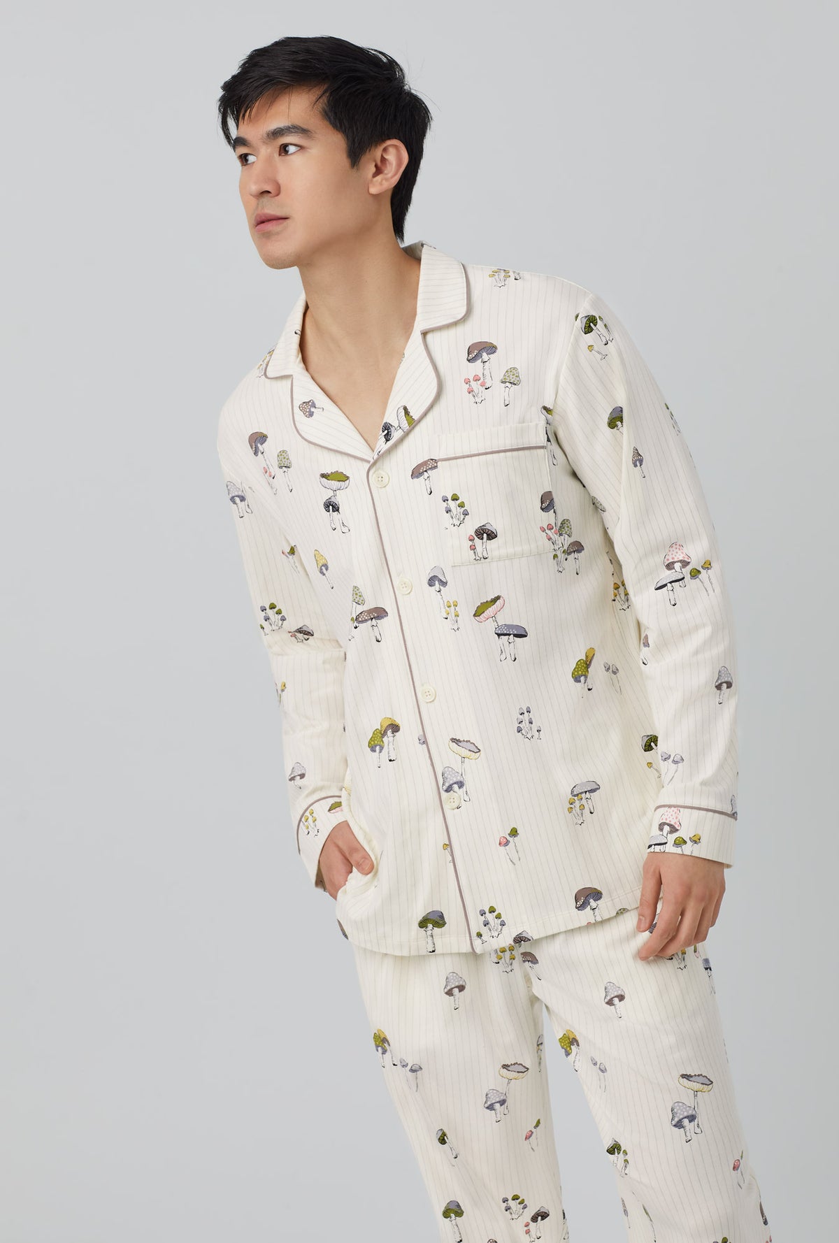 A men wearing white Long Sleeve Classic Stretch Jersey PJ Set with Wild Mushrooms print