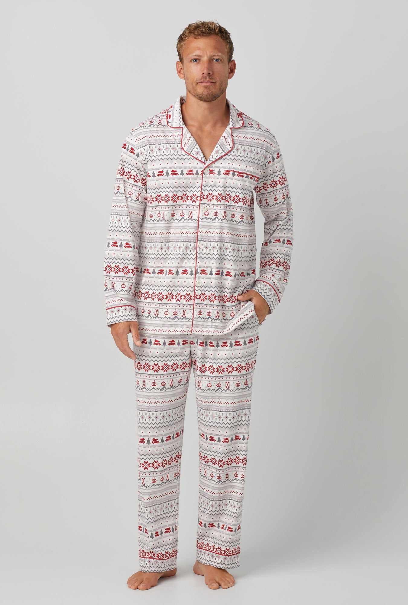 A man wearing white Long Sleeve Classic Stretch Jersey PJ Set  with Alpine Fair print