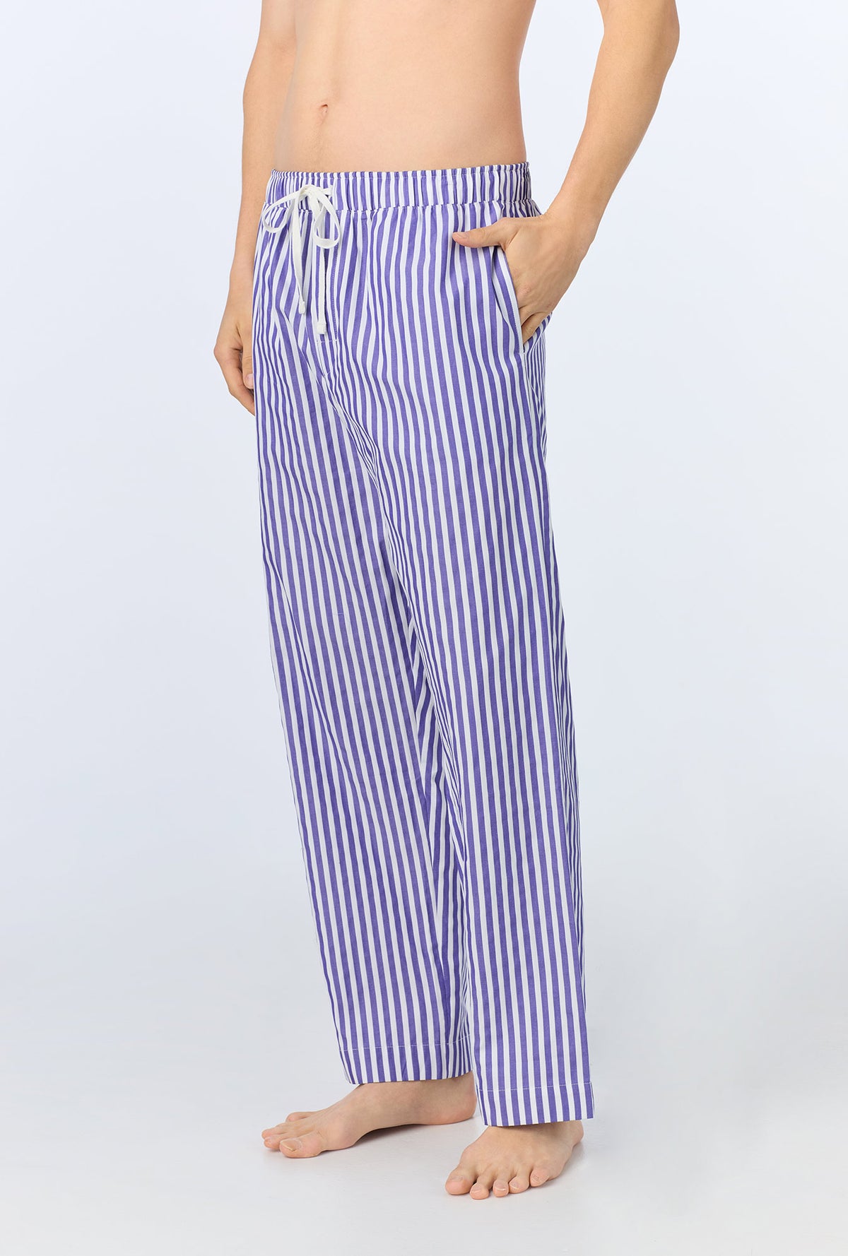 A man wearing Navy 3D Stripe Men&#39;s Woven Cotton Sateen PJ Pant