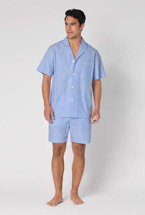 A Man Wearing French Stripe Men's Short Sleeve Woven Supersoft Cotton Poplin Short Pj Set