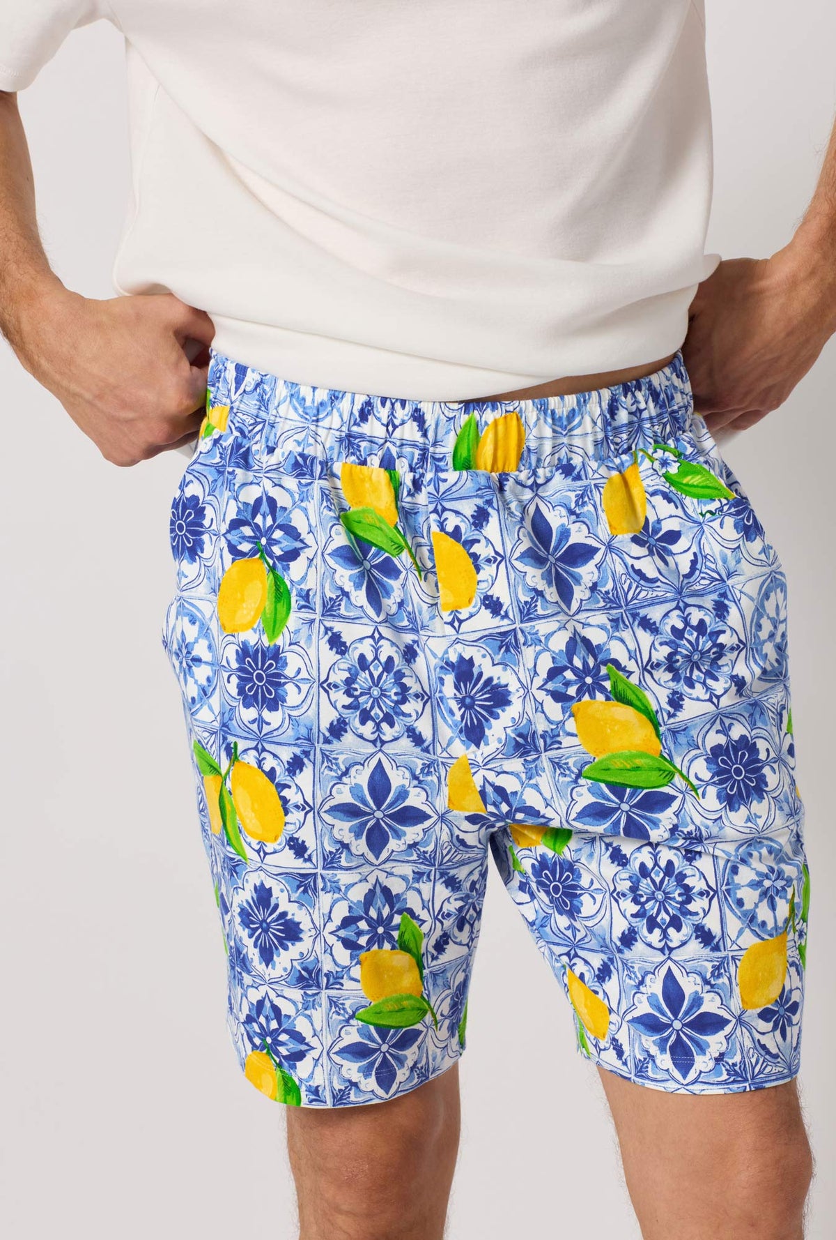 A detailed shot of A man wearing Blue and  White Men's Short Sleeve Henley Stretch Jersey Short Pj Set 