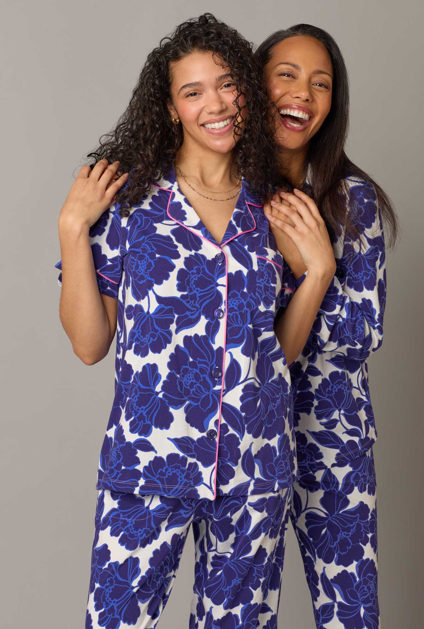 A lady wearing Isabella Flora Short Sleeve Classic Stretch Jersey Cropped PJ Set
