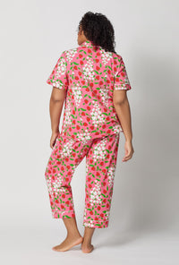 A lady wearing plus size Spring Berry Short Sleeve Classic Stretch Jersey Cropped Pj Set
