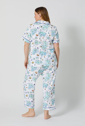 A lady wearing plus size Treasure Hunt Short Sleeve Classic Stretch Jersey Cropped Pj Set back view