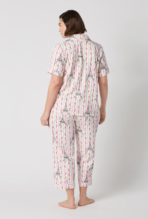 A Lady Wearing Plus Size Fleur De La Tour Short Sleeve Classic Stretch Jersey Cropped Pj Set in a back view pose
