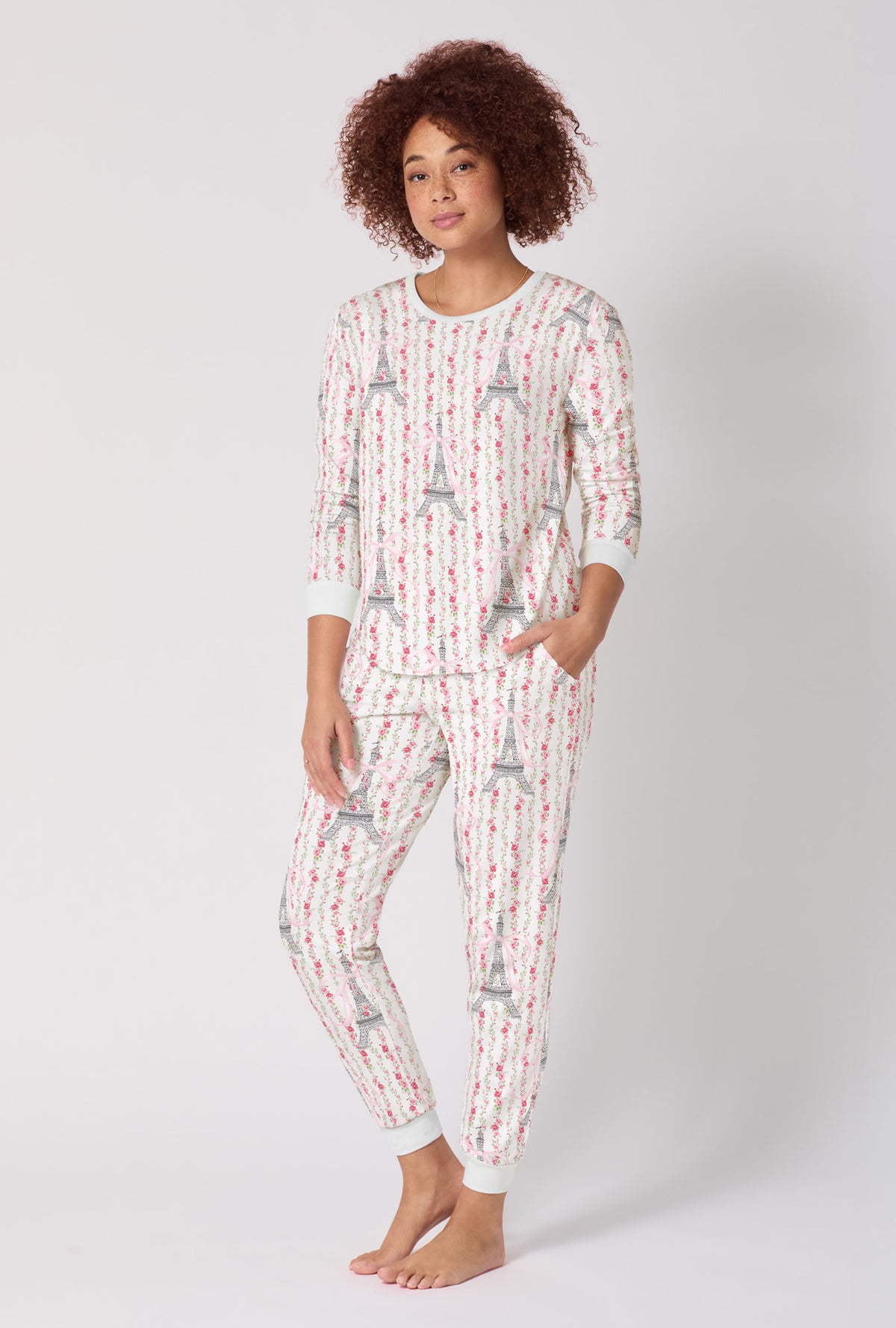 A Lady Wearing Fleur De La Tour Long Sleeve Pullover Crew And Jogger Stretch Jersey Pj Set
