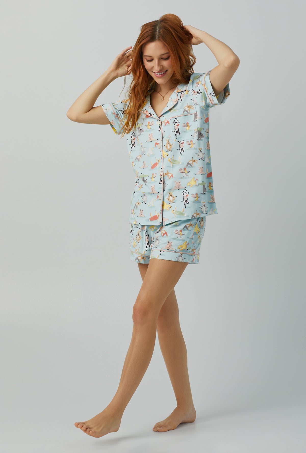 A lady wearing Short Sleeve Classic Shorty Stretch Jersey PJ Set with barnyard retreat print