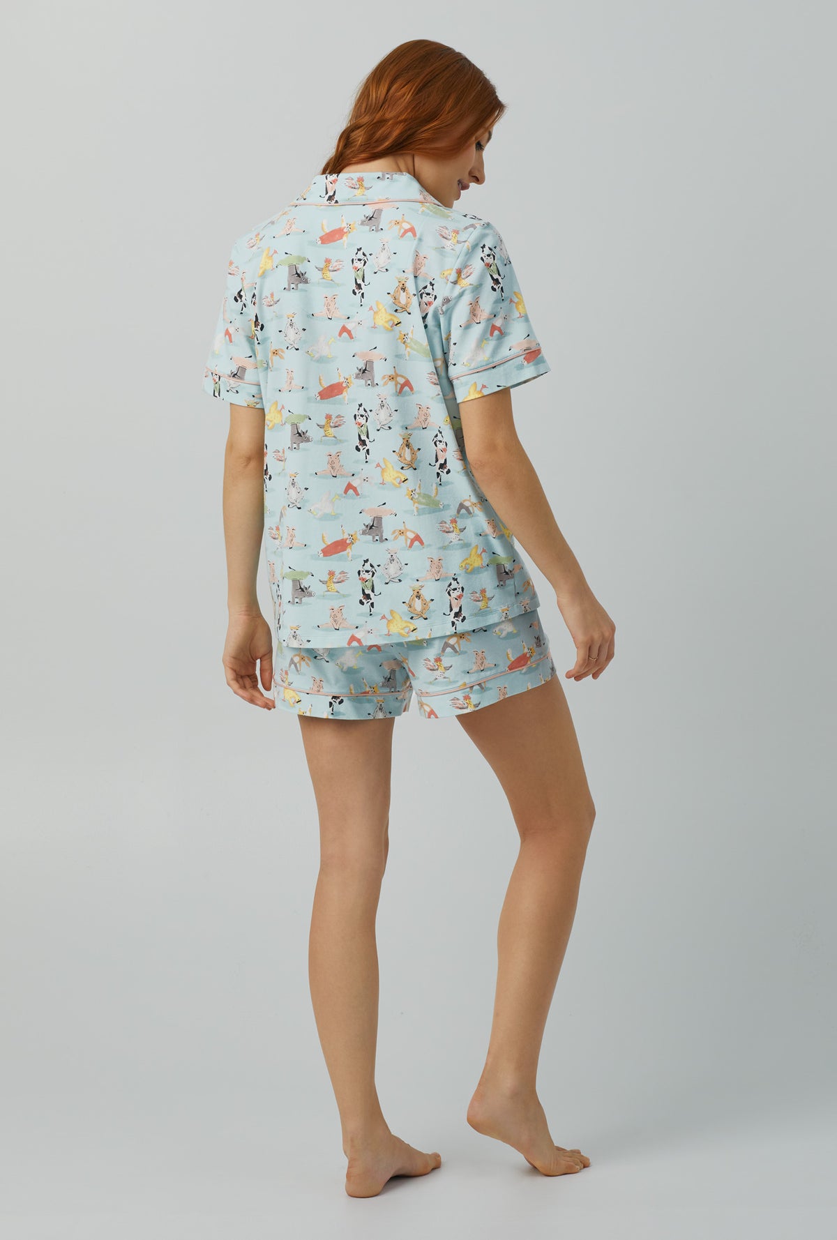 A lady wearing Short Sleeve Classic Shorty Stretch Jersey PJ Set with barnyard retreat print