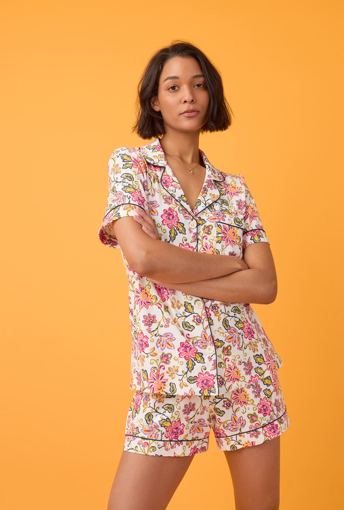 A lady wearing short sleeve Classic Shorty Stretch Jersey PJ Set with desert flowers print