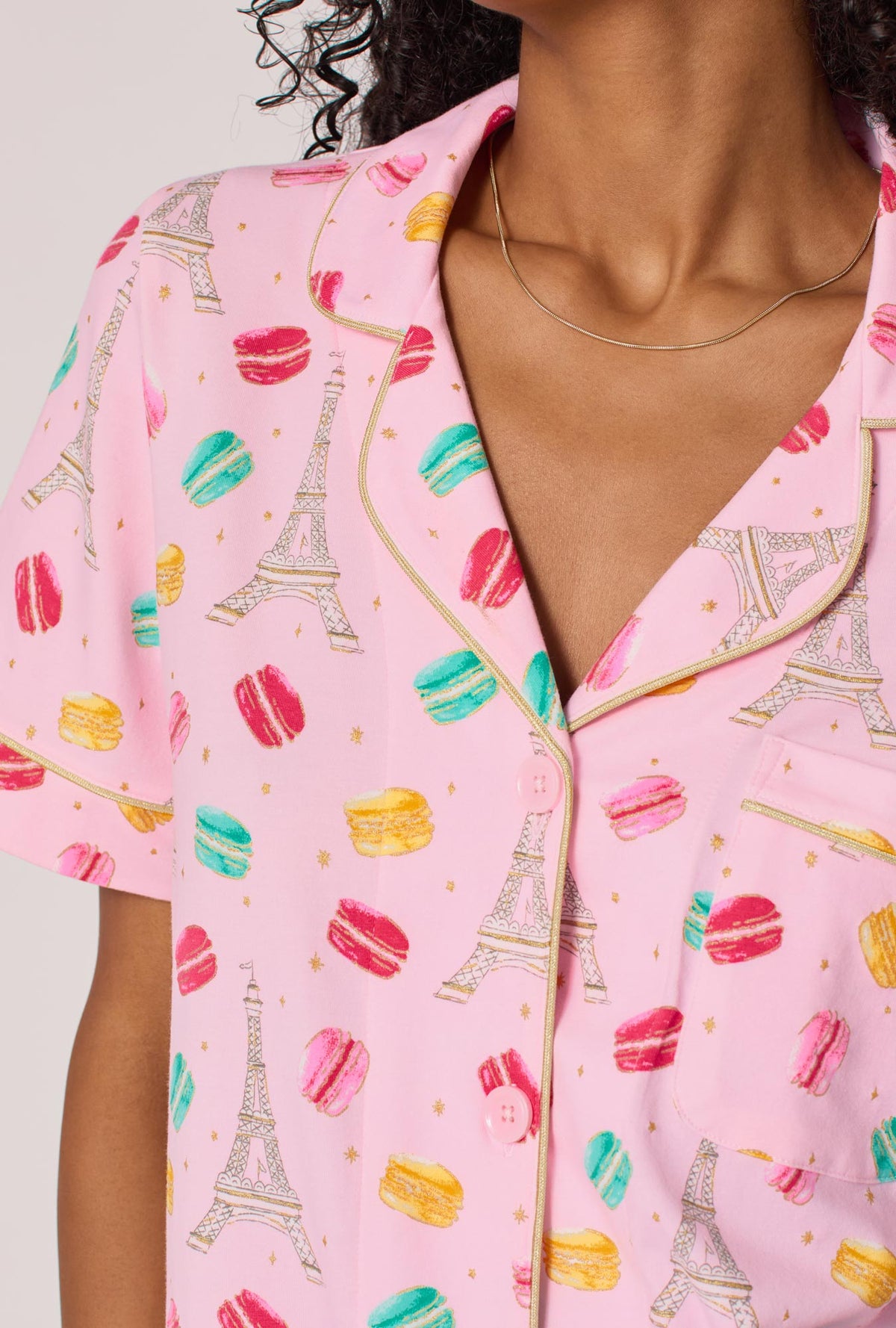 A Lady wearing Eiffel For You Short Sleeve Classic Shorty Stretch Jersey Pj Set
