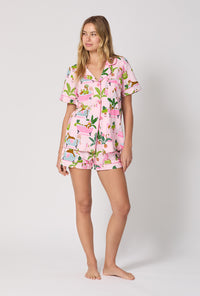 A lady wearing Spa Day Short Sleeve Classic Shorty Stretch Jersey Pj Set