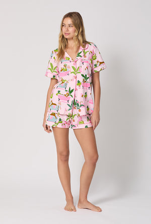A lady wearing Spa Day Short Sleeve Classic Shorty Stretch Jersey Pj Set