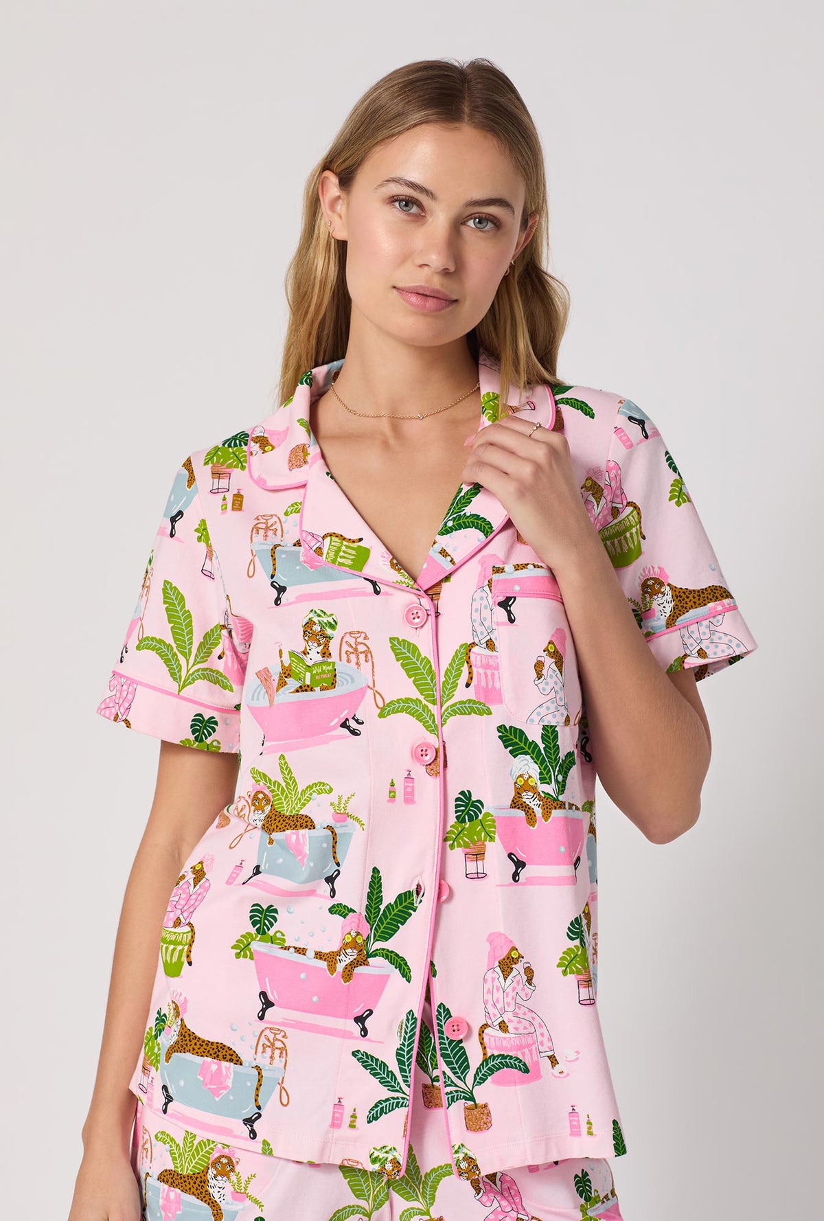 A lady wearing Spa Day Short Sleeve Classic Shorty Stretch Jersey Pj Set