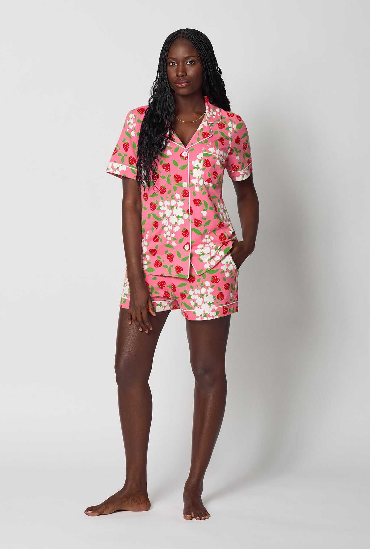 A lady wearing Spring Berry Short Sleeve Classic Shorty Stretch Jersey Pj Set