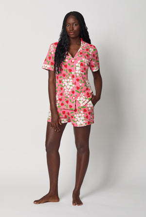 A lady wearing Spring Berry Short Sleeve Classic Shorty Stretch Jersey Pj Set