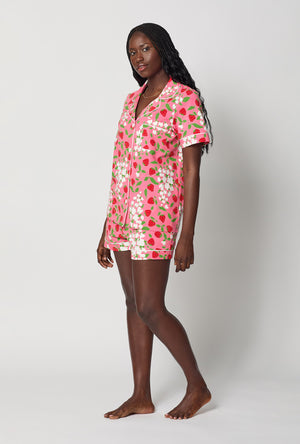 A lady wearing Spring Berry Short Sleeve Classic Shorty Stretch Jersey Pj Set
