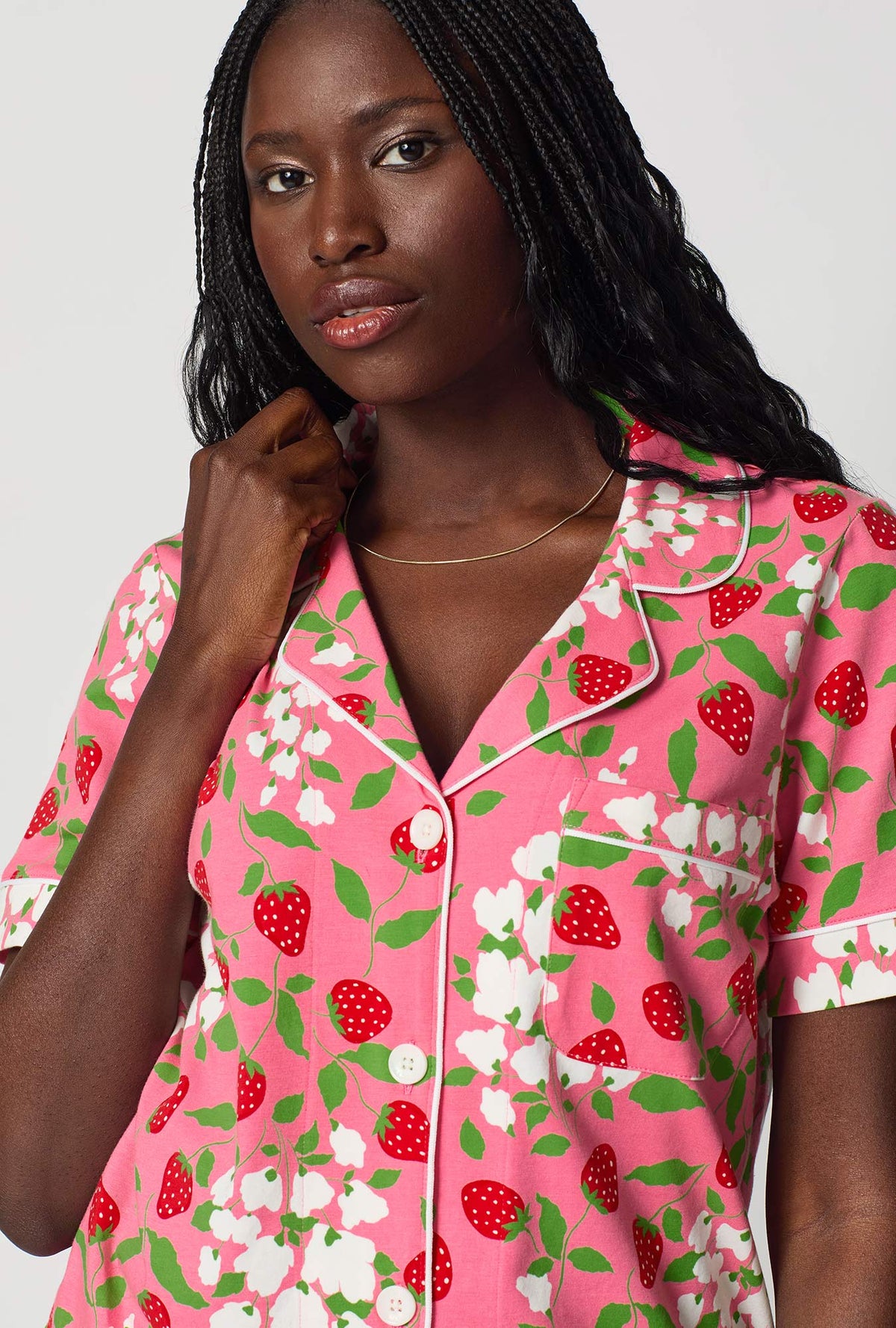 A lady wearing Spring Berry Short Sleeve Classic Shorty Stretch Jersey Pj Set