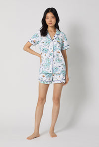 A lady wearing Treasure Hunt Short Sleeve Classic Shorty Stretch Jersey Pj Set looking front