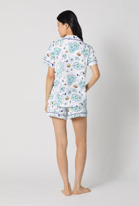 A lady wearing Treasure Hunt Short Sleeve Classic Shorty Stretch Jersey Pj Set back view