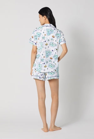 A lady wearing Treasure Hunt Short Sleeve Classic Shorty Stretch Jersey Pj Set back view