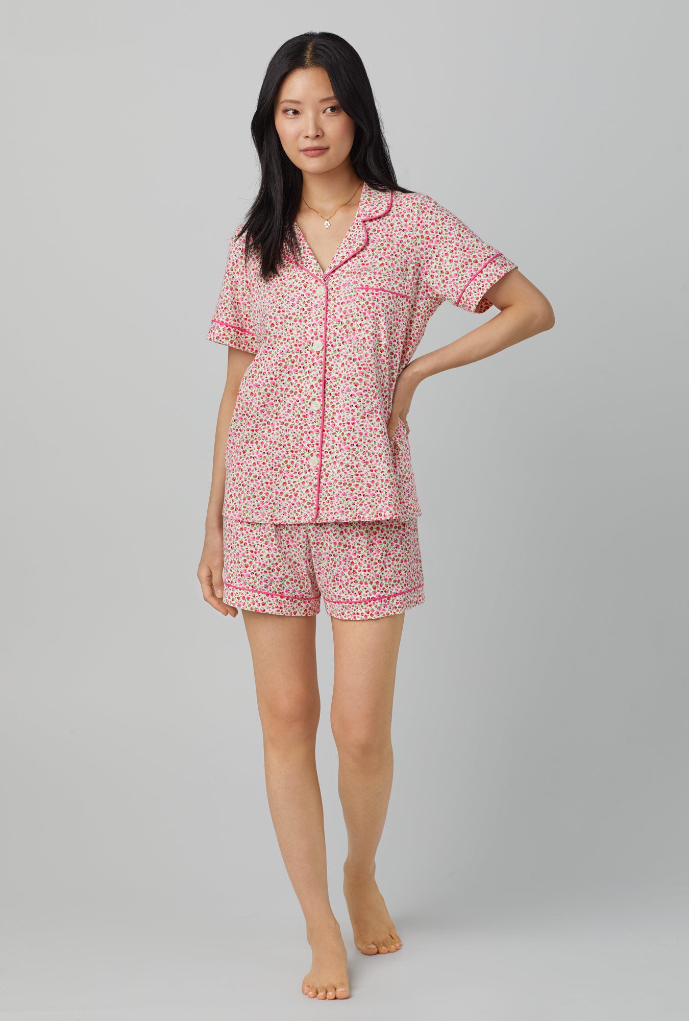 A lady wearing pink Short Sleeve Classic Short Set with Lynn print