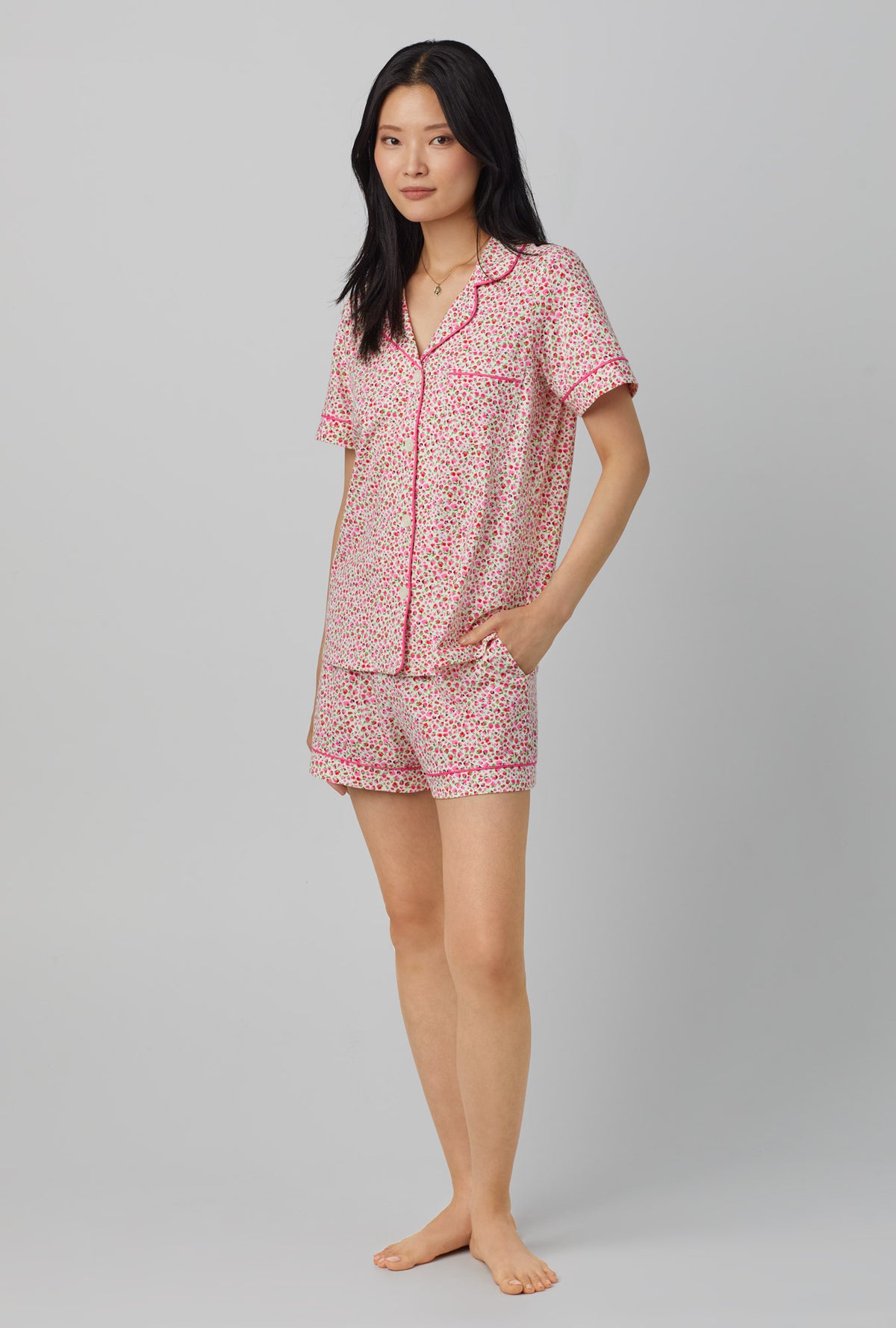 A lady wearing pink Short Sleeve Classic Short Set with Lynn print
