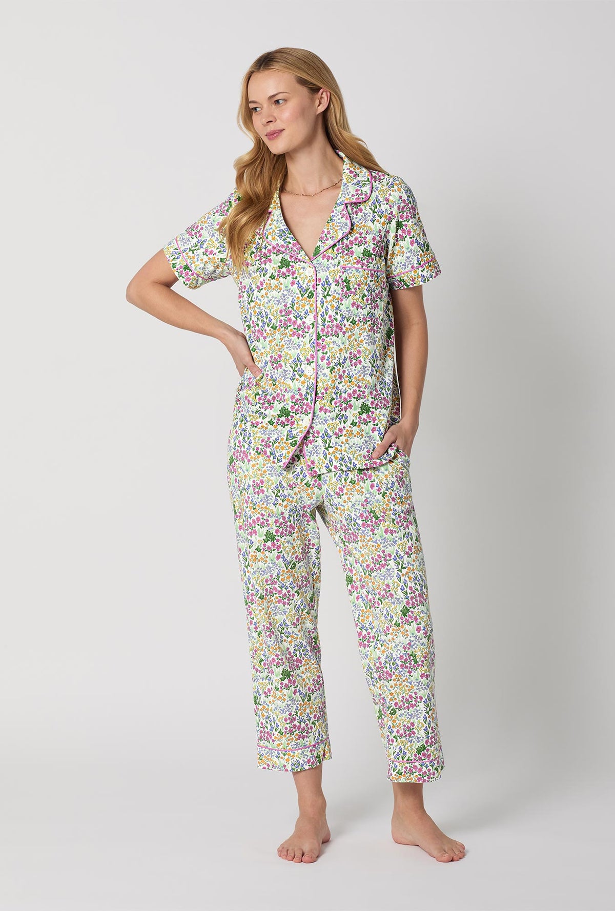 A Lady Wearing Multi Color Short Sleeve Classic Stretch Jersey Cropped PJ Set with Cottage Garden Print Front View