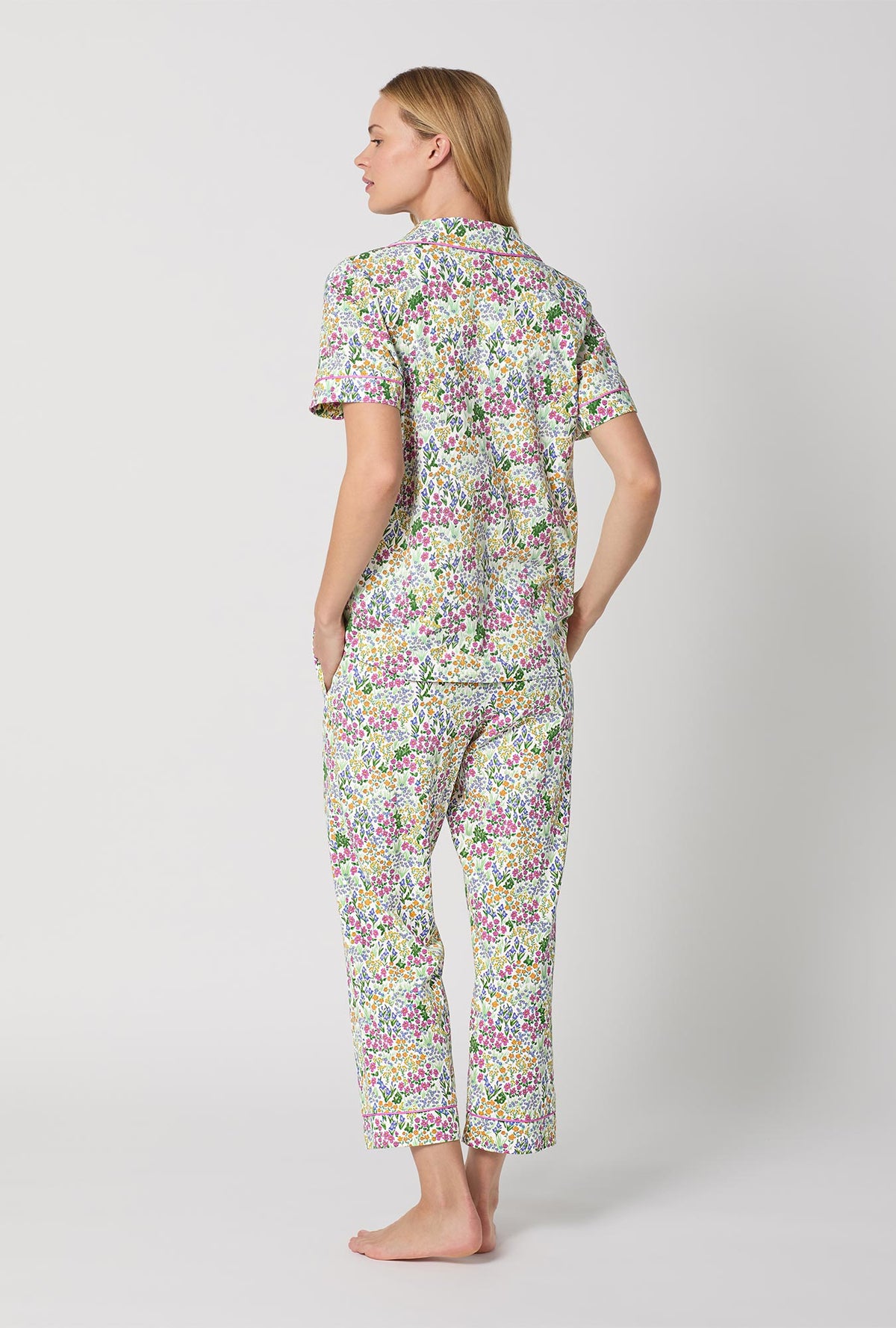A Lady Wearing Multi Color Short Sleeve Classic Stretch Jersey Cropped PJ Set with Cottage Garden Print Back View