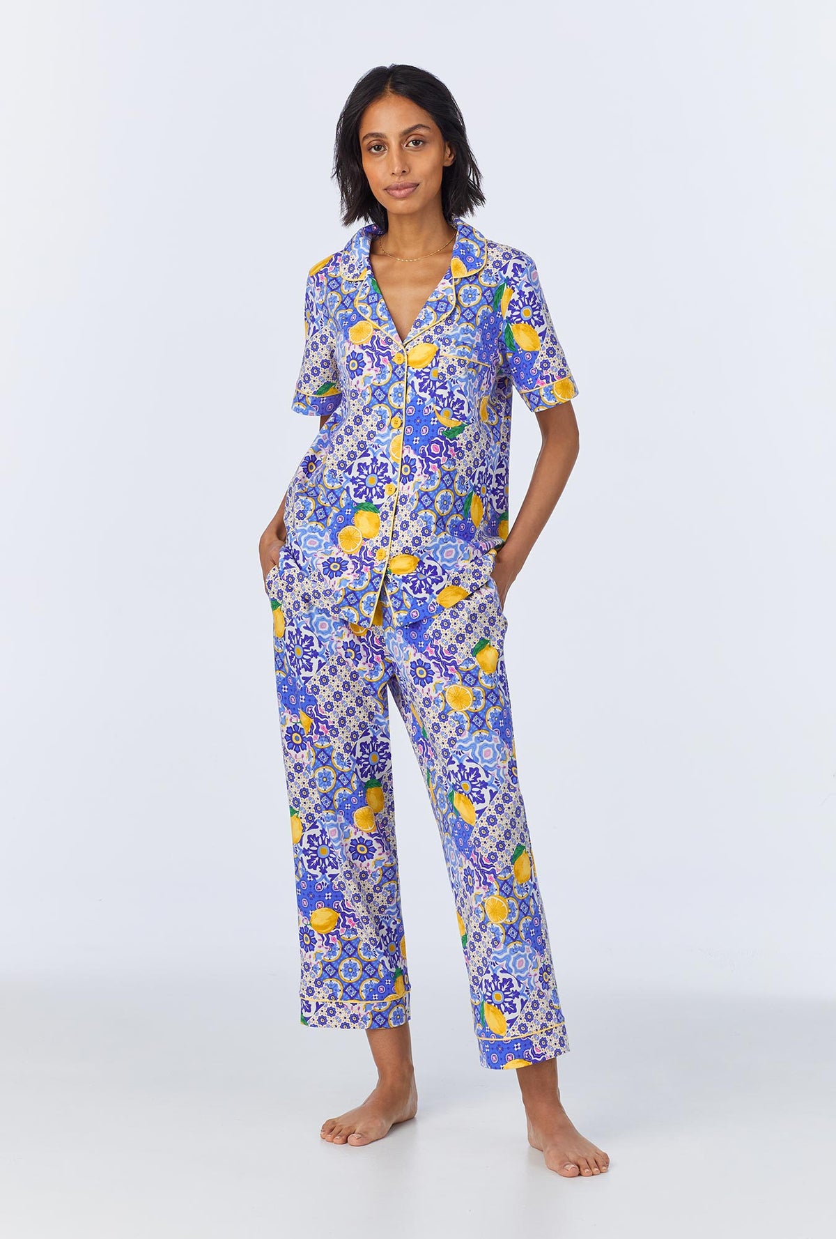 A lady wearing Majolica Short Sleeve Classic Stretch Jersey Cropped PJ Set