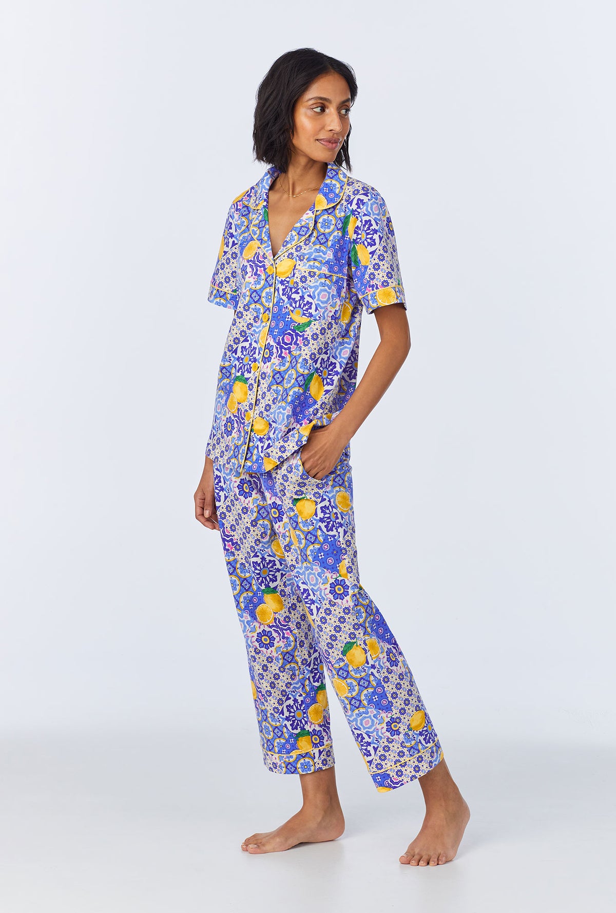 A lady wearing Majolica Short Sleeve Classic Stretch Jersey Cropped PJ Set