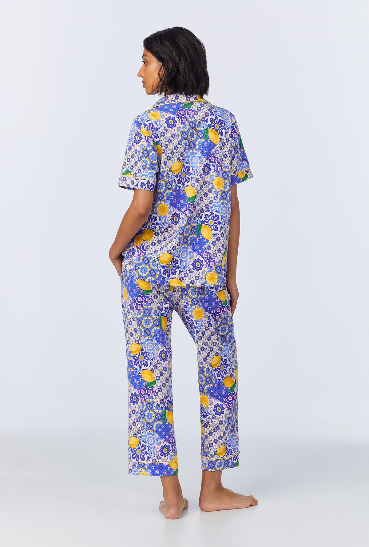 A lady wearing Majolica Short Sleeve Classic Stretch Jersey Cropped PJ Set