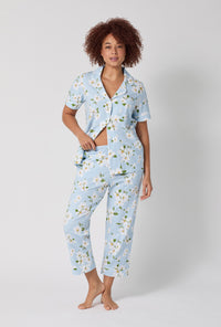 A lady wearing Magnolia Breeze Short Sleeve Classic Stretch Jersey Cropped Pj Set