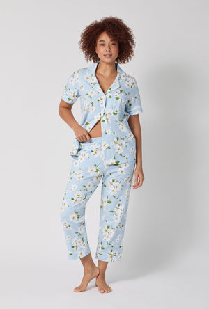 A lady wearing Magnolia Breeze Short Sleeve Classic Stretch Jersey Cropped Pj Set