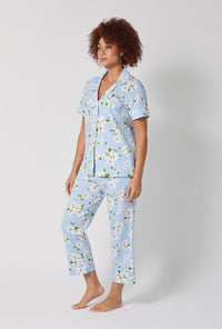 A lady wearing Magnolia Breeze Short Sleeve Classic Stretch Jersey Cropped Pj Set