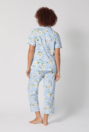 A lady wearing Magnolia Breeze Short Sleeve Classic Stretch Jersey Cropped Pj Set