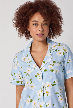 A lady wearing Magnolia Breeze Short Sleeve Classic Stretch Jersey Cropped Pj Set