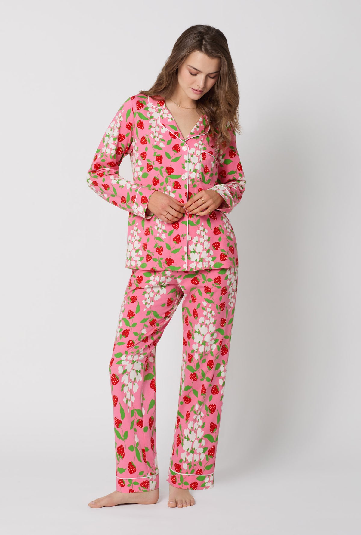 A lady wearing Spring Berry Long Sleeve Classic Stretch Jersey Pj Set