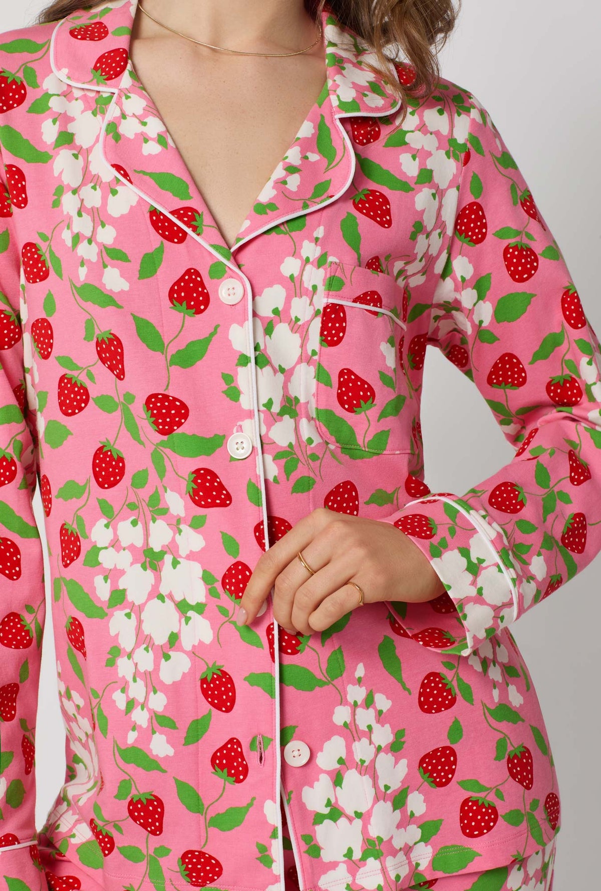 A lady wearing Spring Berry Long Sleeve Classic Stretch Jersey Pj Set
