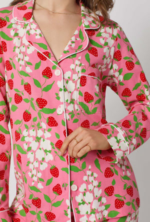 A lady wearing Spring Berry Long Sleeve Classic Stretch Jersey Pj Set