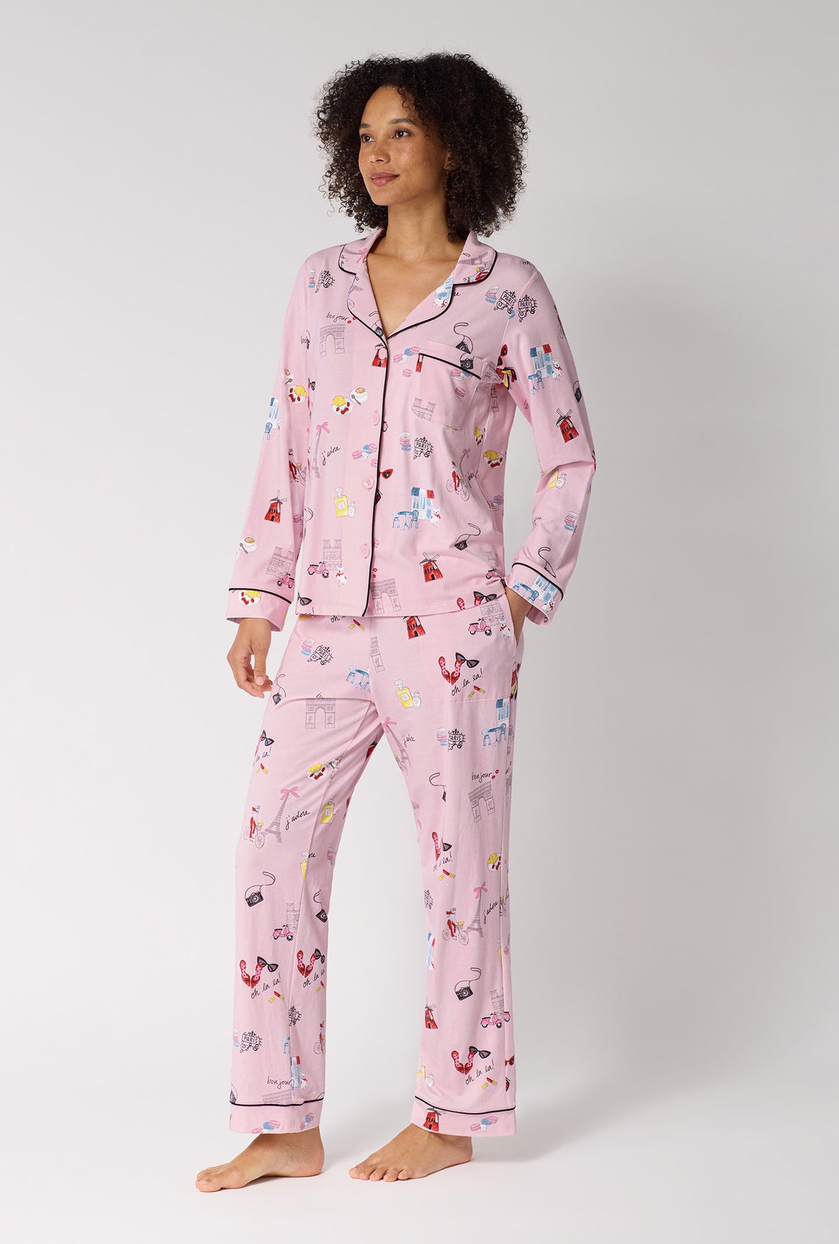 A Lady Wearing J'adore Paris Long Sleeve Classic Stretch Jersey Pj Set in a side angled pose