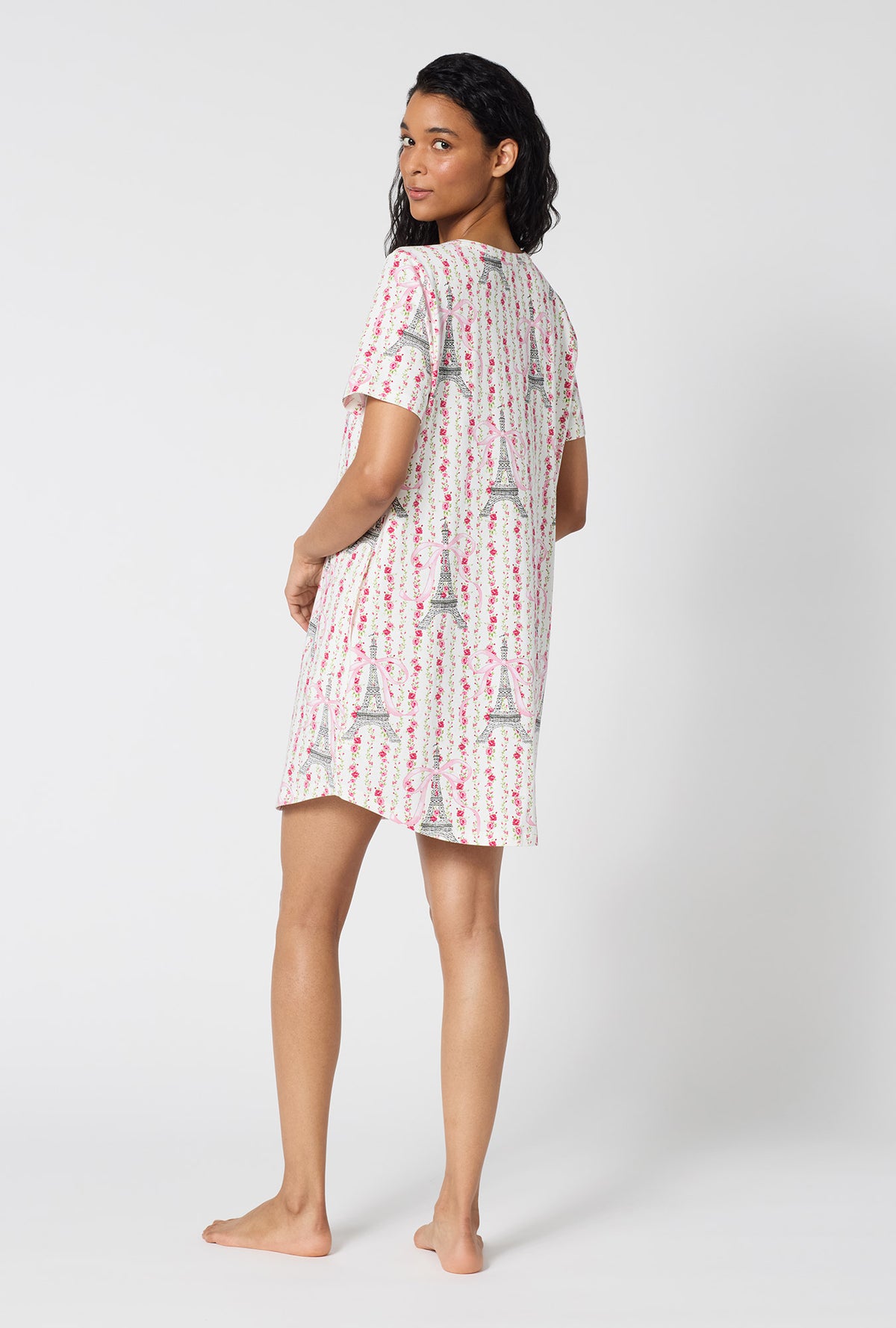 A Lady Wearing Fleur De La Tour Stretch Jersey T-shirt Sleep Dress in a back view pose