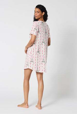 A Lady Wearing Fleur De La Tour Stretch Jersey T-shirt Sleep Dress in a back view pose