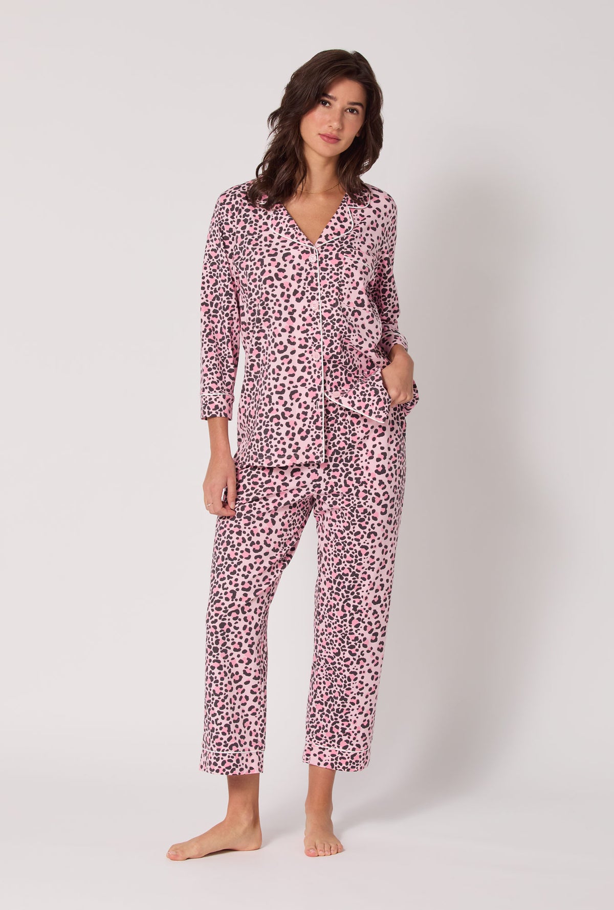 A Lady wearing Purr-fect Spots 3/4 Sleeve Classic Stretch Jersey Cropped Pj Set