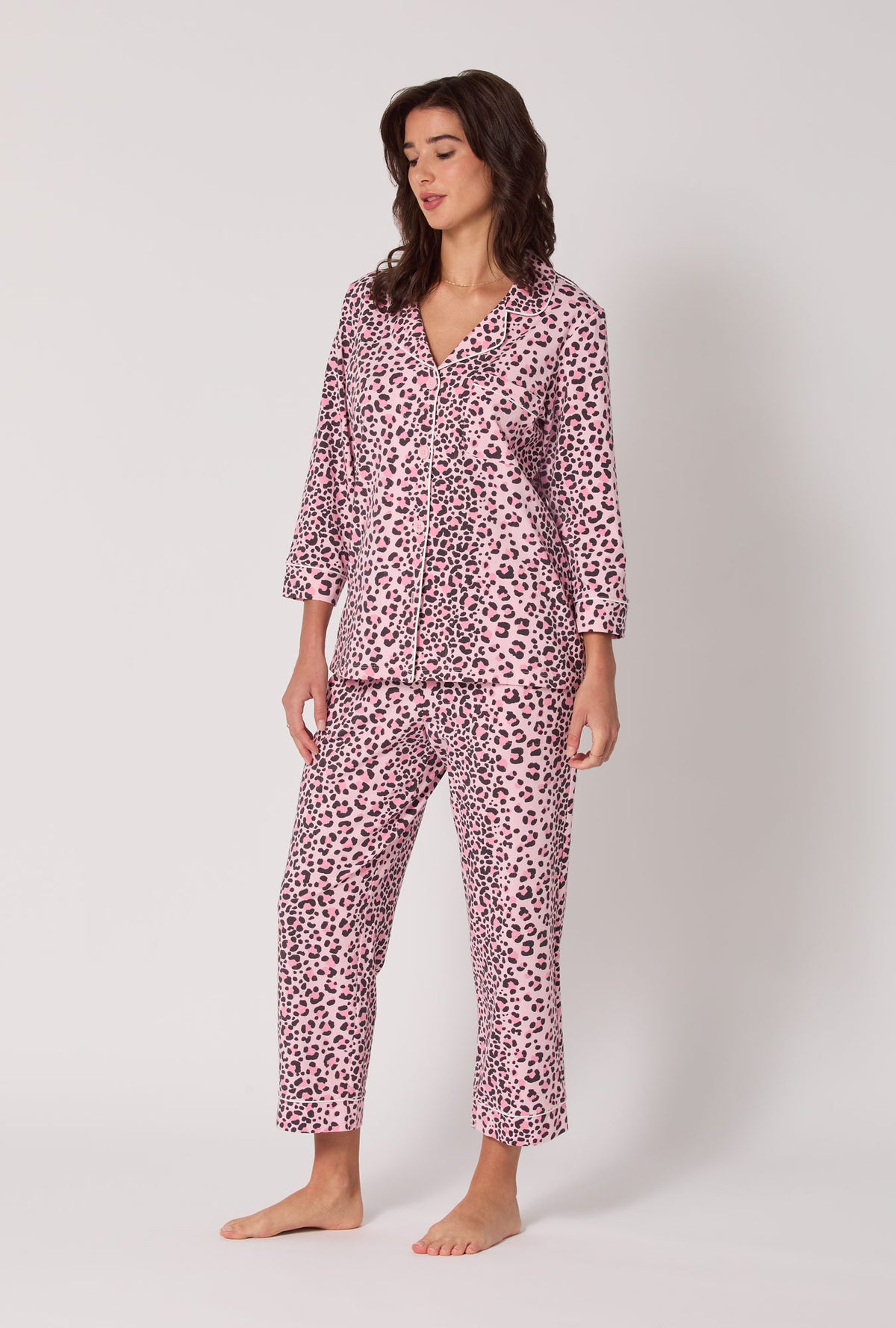 A Lady wearing Purr-fect Spots 3/4 Sleeve Classic Stretch Jersey Cropped Pj Set