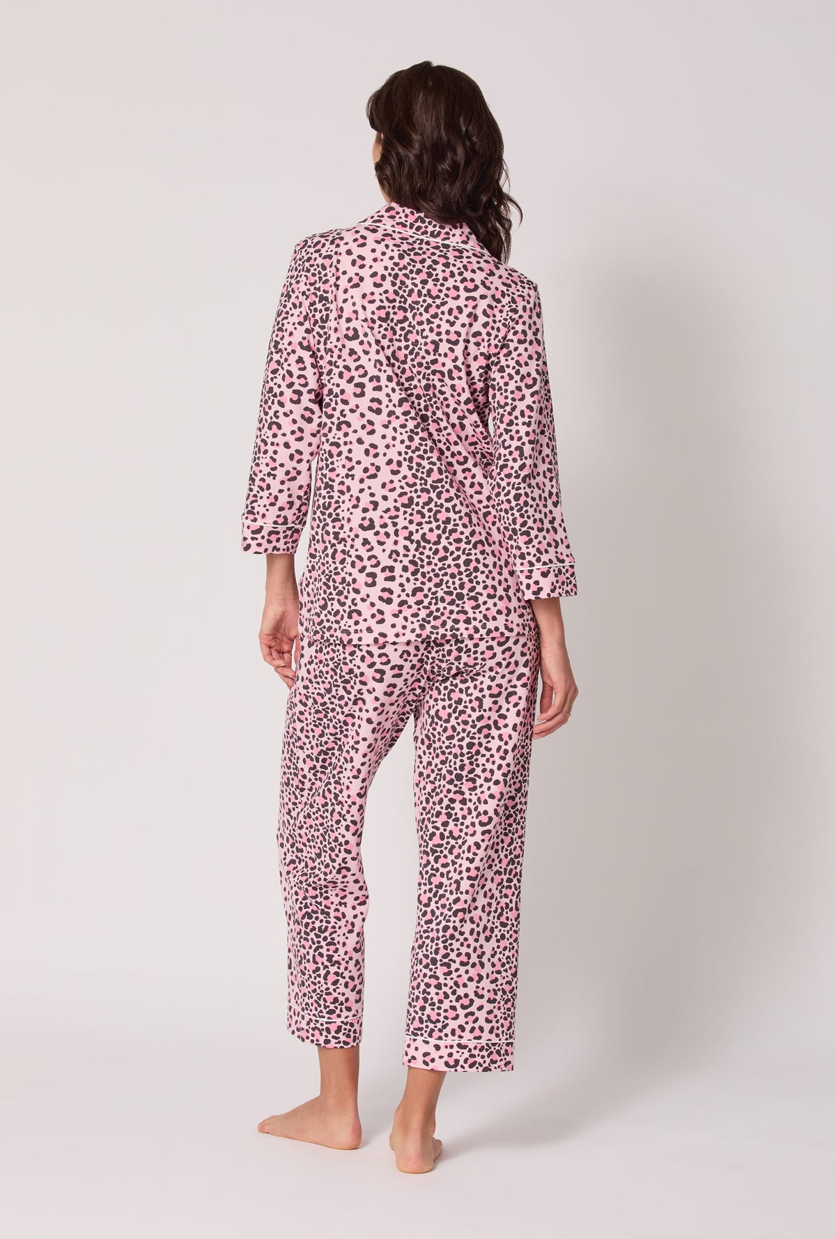A Lady wearing Purr-fect Spots 3/4 Sleeve Classic Stretch Jersey Cropped Pj Set