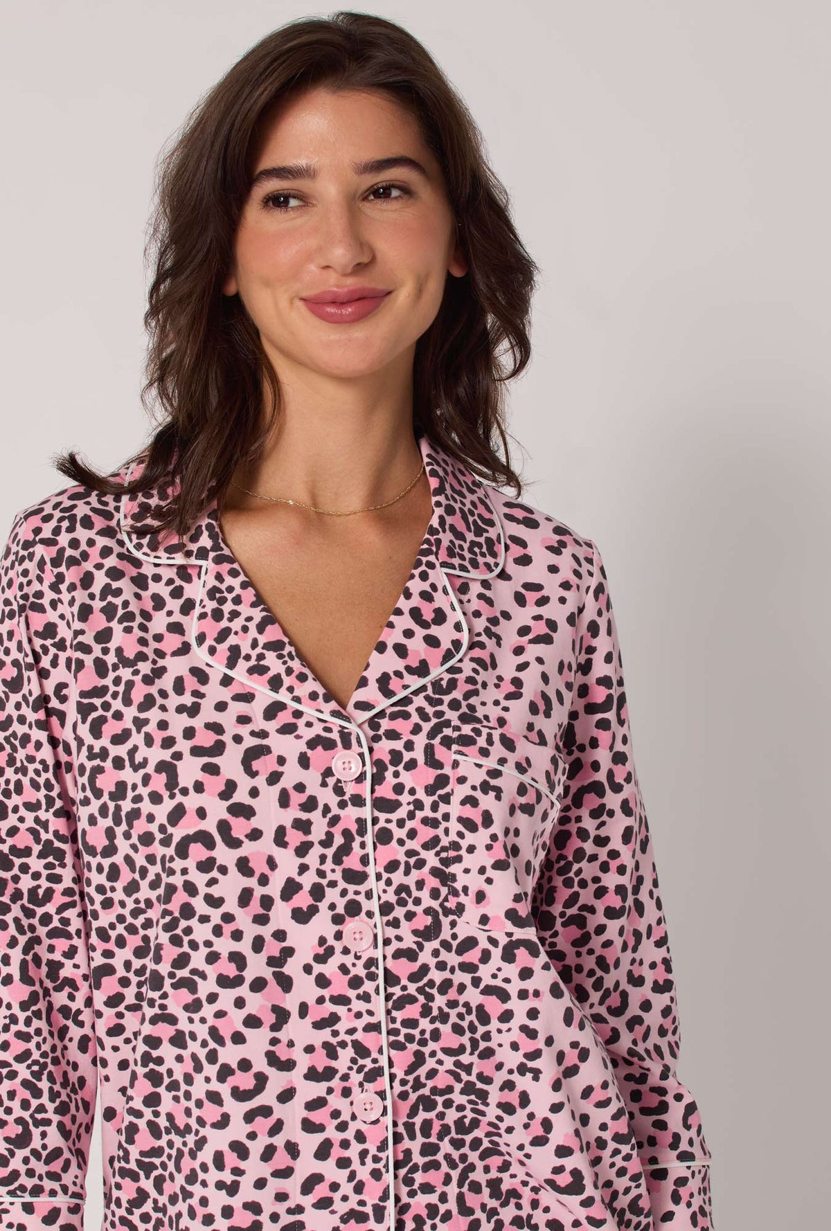 A Lady wearing Purr-fect Spots 3/4 Sleeve Classic Stretch Jersey Cropped Pj Set