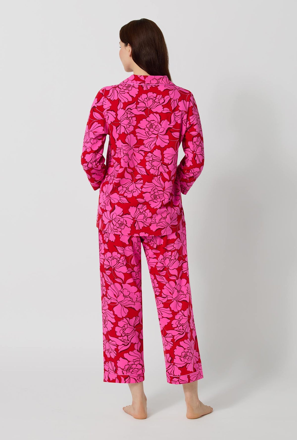 A lady wearing Isabella Flora 3/4 Sleeve Classic Stretch Jersey Cropped Pj Set back view
