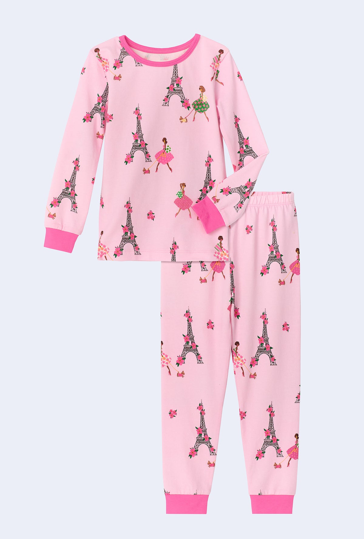 A girl wearing Tres Chic Long Sleeve Stretch Jersey Kids PJ Set