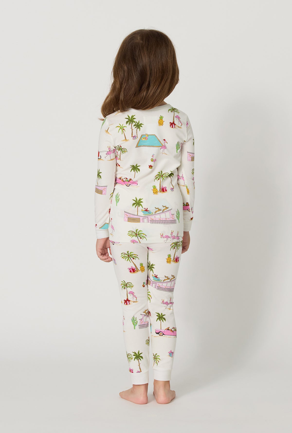A girl wearing Festive Flamingos Long Sleeve Stretch Jersey Kids Pj Set back view